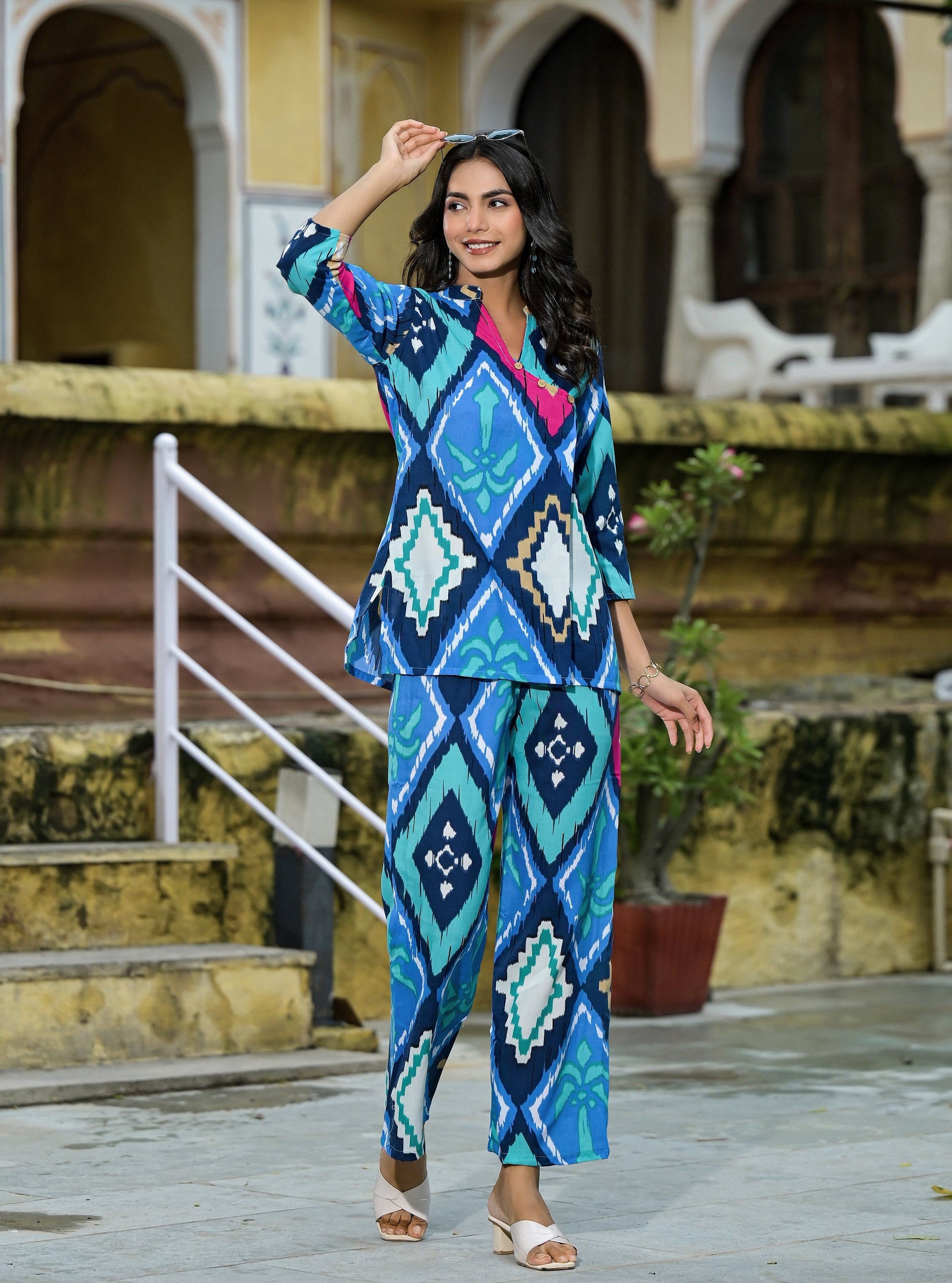 Ethnic Mandarin-Collar Blue Co-ord Set - Ethnic Set