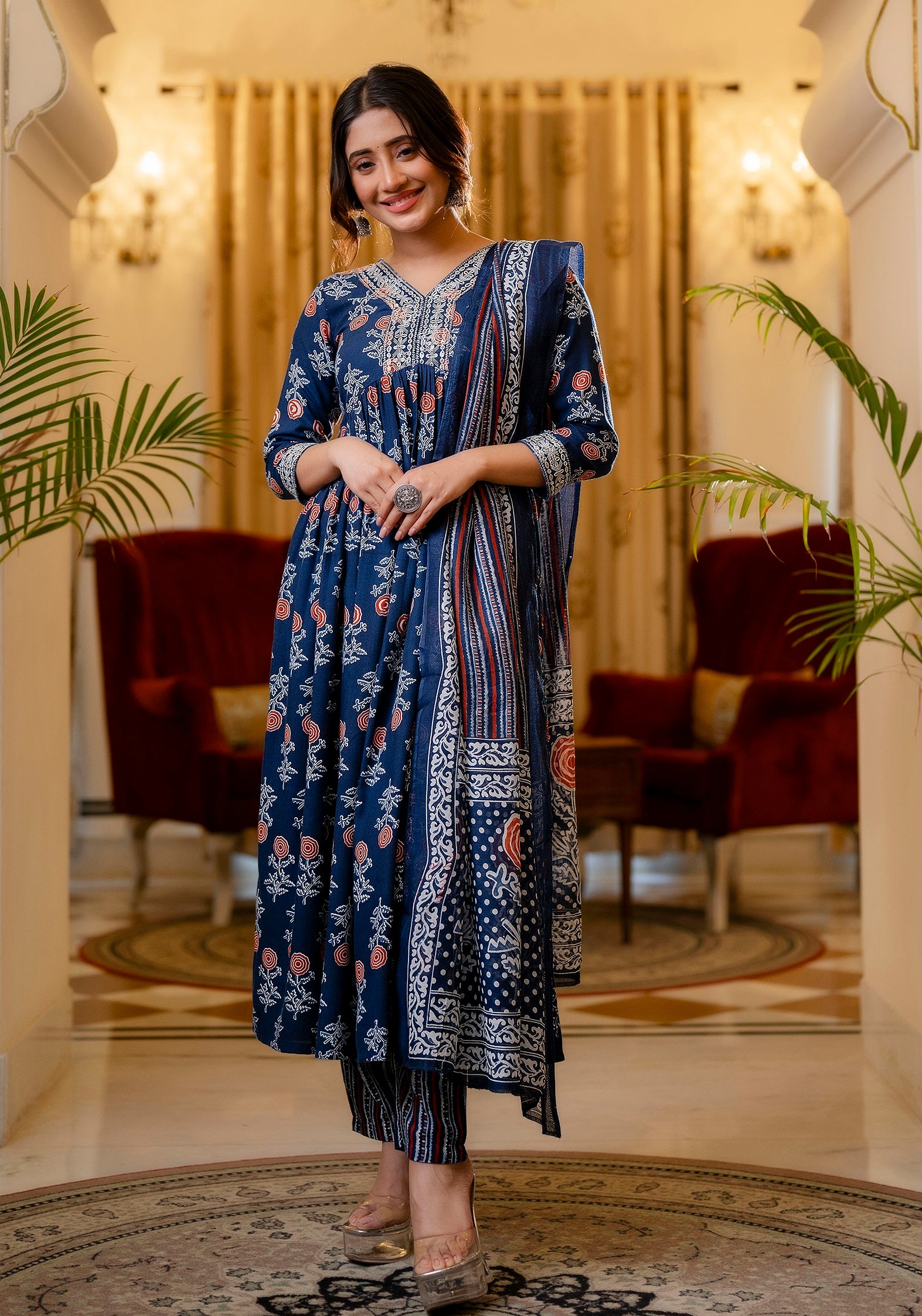 Ethnic Set Women Printed Flared A-Line Kurta and Pant set with Dupatta - Ethnic Set