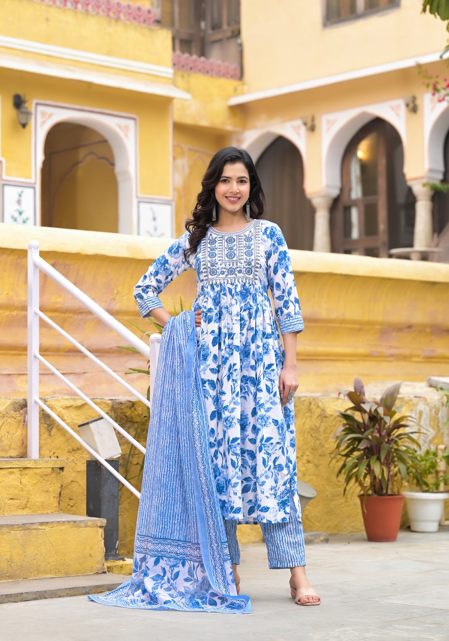 Ethnic set Women Embroidered Flared Kurta and pant set with Dupatta - Ethnic Set