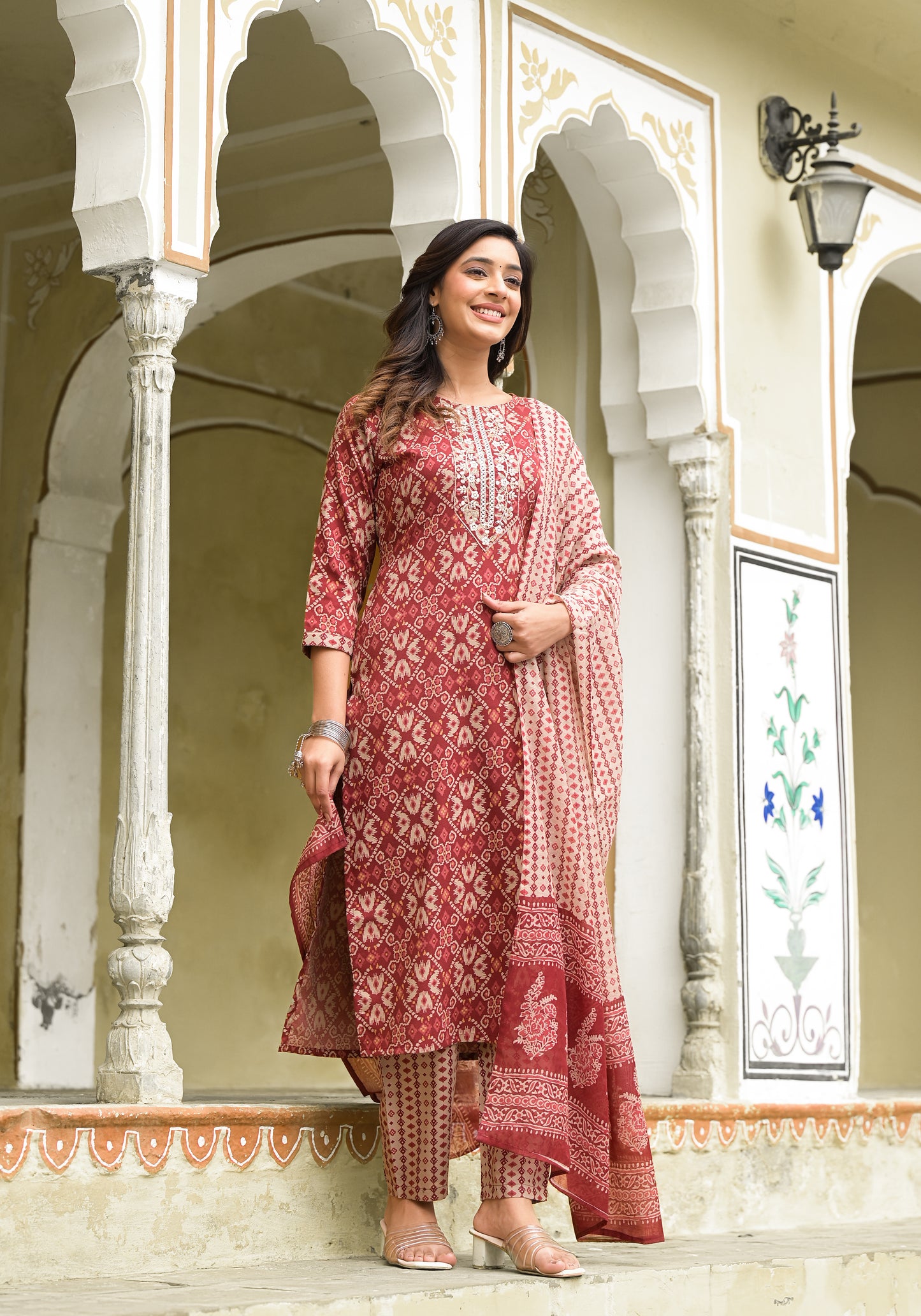 Ehnic Set Women Block Printed Straight Kurta and Pant set with Dupatta - Ethnic Set