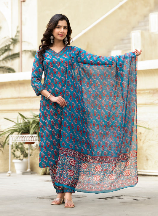 Ehnic Set Women Block Printed Straight Kurta and Pant set with Dupatta - Ethnic Set