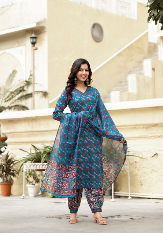 Ethnic set women Printed Kurta and afgani pant set with Dupatta - Ethnic Set