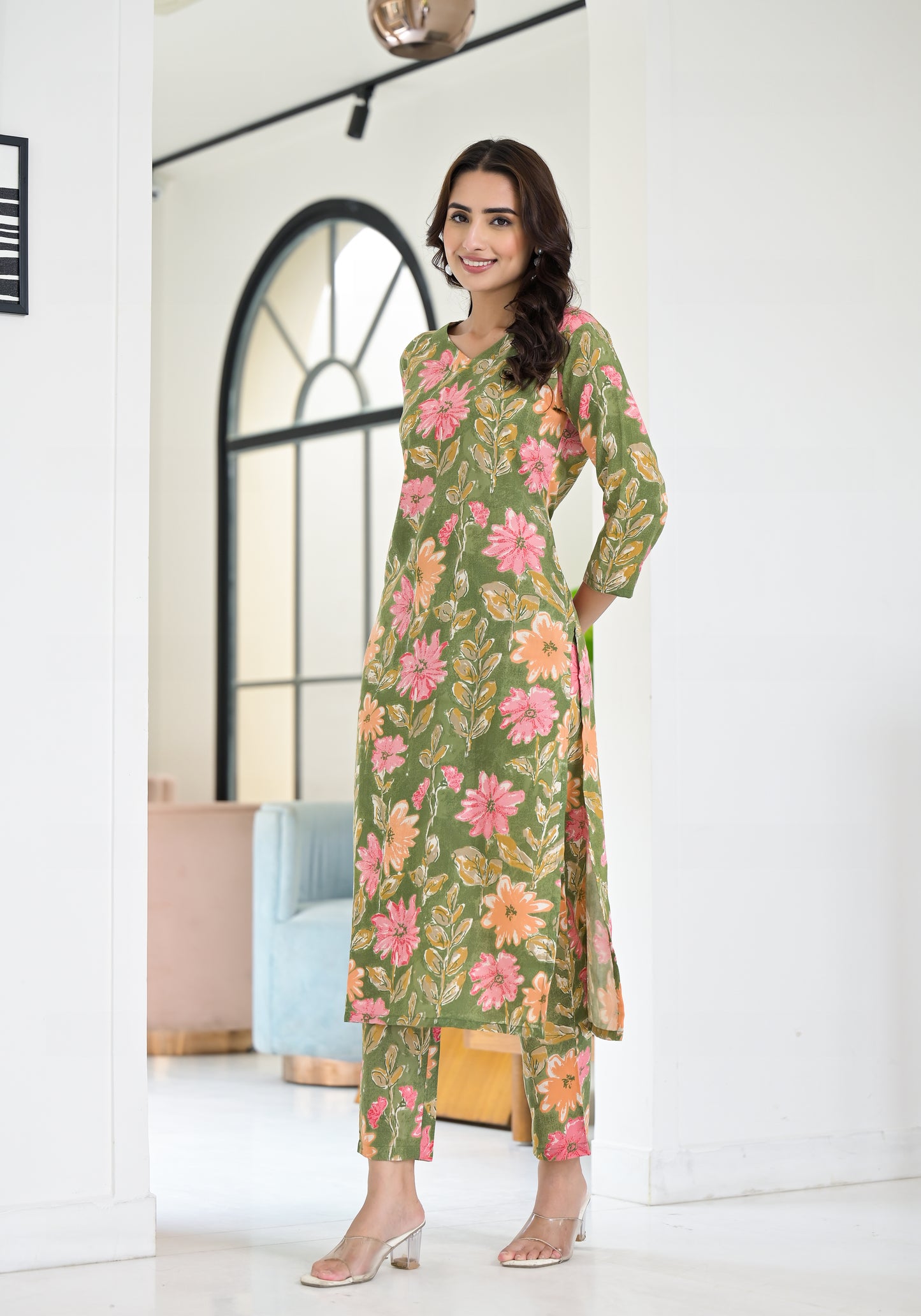 Ethnic Set Floral Printed Green Co-ord Set