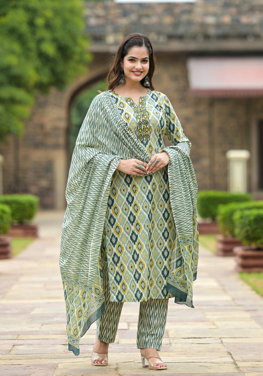 Ehnic Set Women  Printed Straight Kurta and Pant set with Dupatta - Ethnic Set