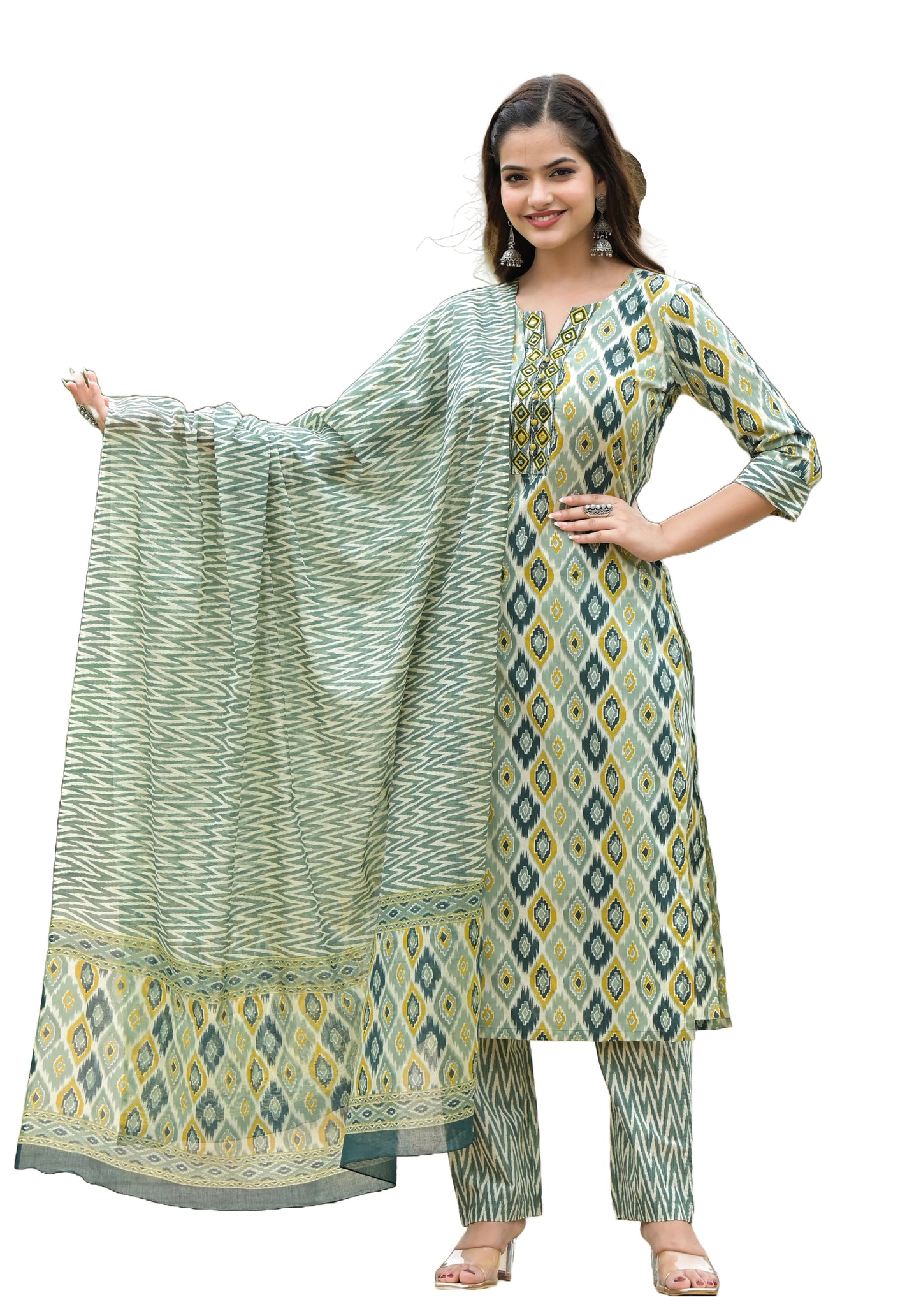 Ehnic Set Women  Printed Straight Kurta and Pant set with Dupatta - Ethnic Set