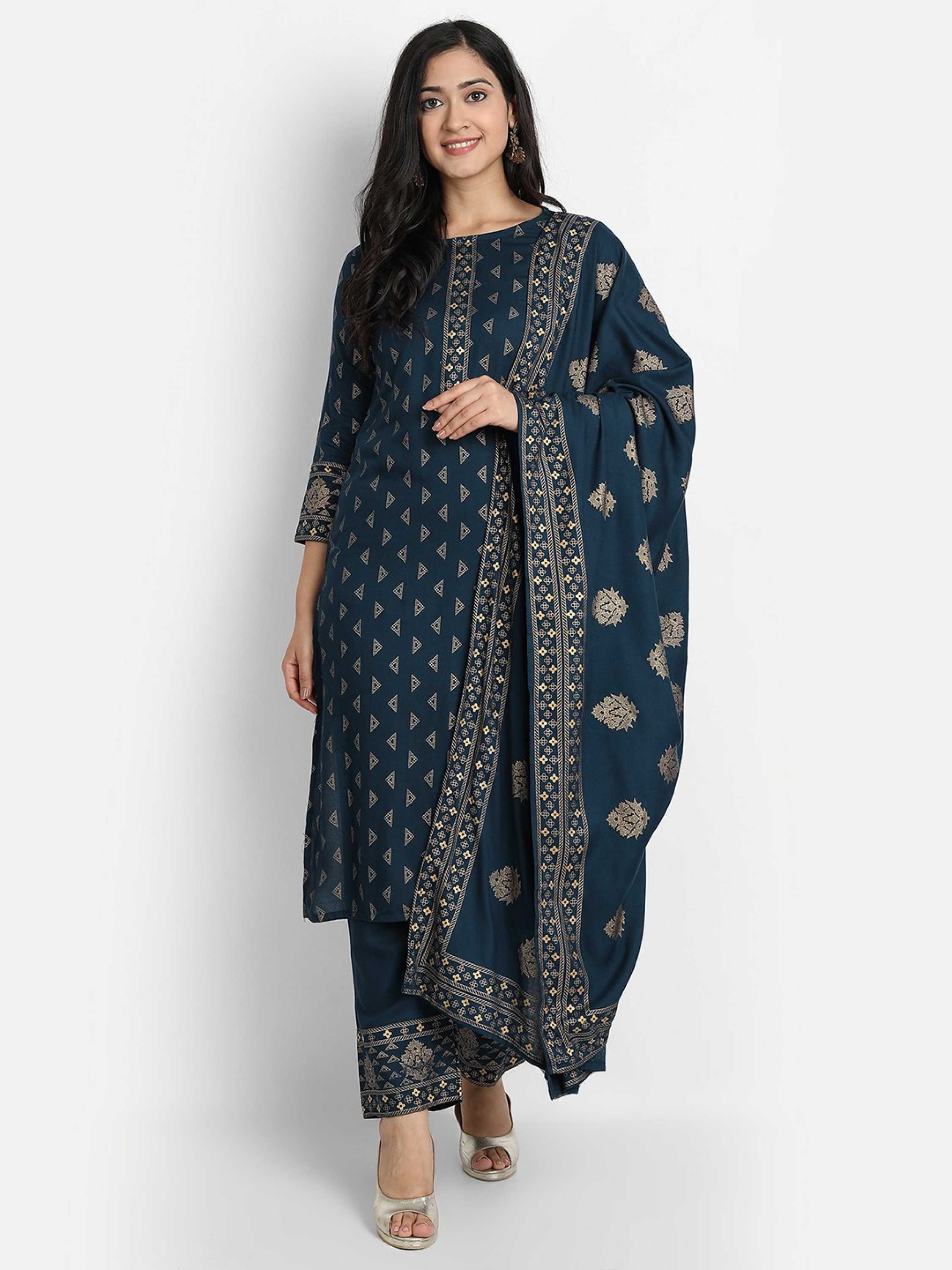 Ethnic Set women Gold Printed Kurta and Pant with Dupatta